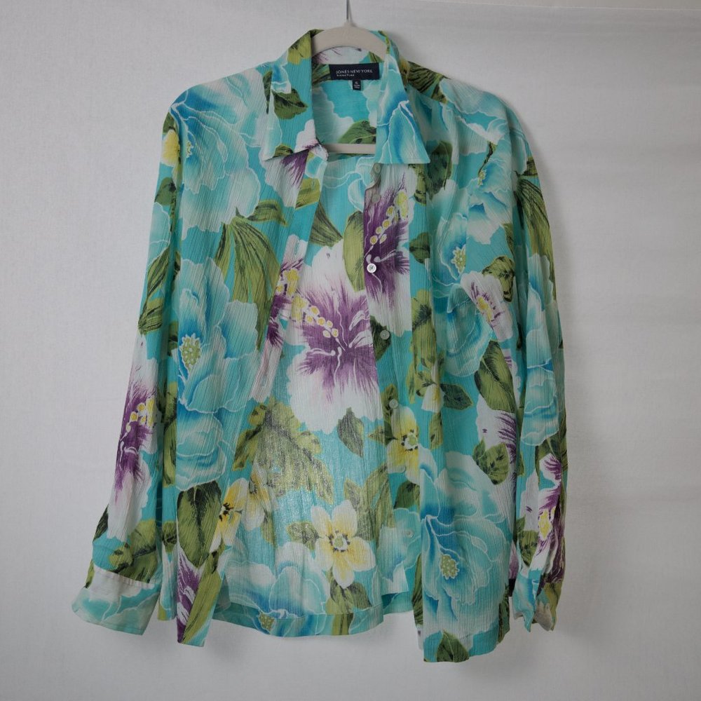 Jones New York Signature Tropical Print 100% Cotton Button Down Shirt